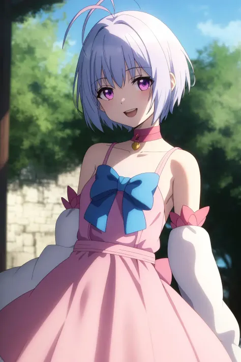 fitoria , anime art style, 1girl, solo, looking_at_viewer, smile, short_hair, open_mouth, bangs, dress, bow, bare_shoulders, purple_eyes, collarbone, upper_body, ahoge, white_hair, :d, outdoors, detached_sleeves, sky, choker, day, blurry, tree, blue_sky, blurry_background, antenna_hair, pink_bow