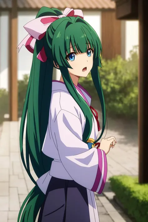 yomogi , anime art style, 1girl, solo, long_hair, looking_at_viewer, open_mouth, bangs, blue_eyes, bow, ribbon, hair_ribbon, upper_body, ponytail, hair_bow, outdoors, green_hair, blurry, :o, blurry_background, hair_intakes