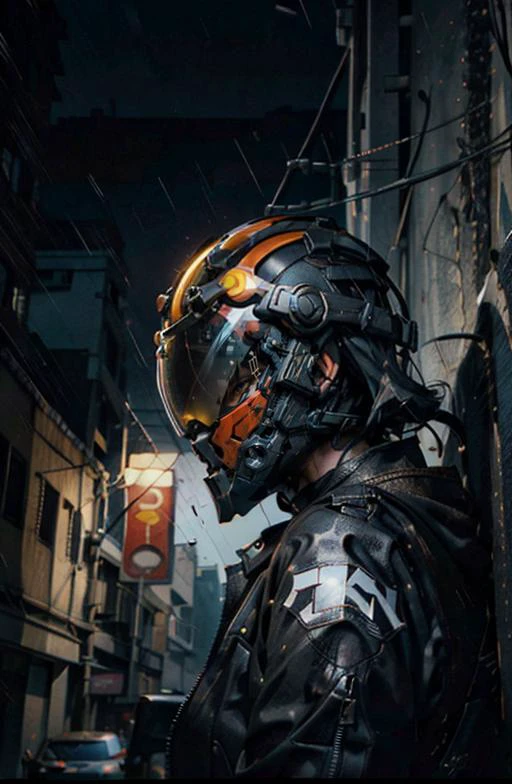 1girl, (Detailed full moto helmet, detailed helmet visor, black helmet), (black trench), rain, brick wall background, graffity wall, ((Portrait)), ((Abstract art:1.2)), (Biker tired), night, Cinematic light, Soft light, Detailed background, blured, Blade runner inspired:1.2, <lora:cyberhelmetv0.7:0.6>