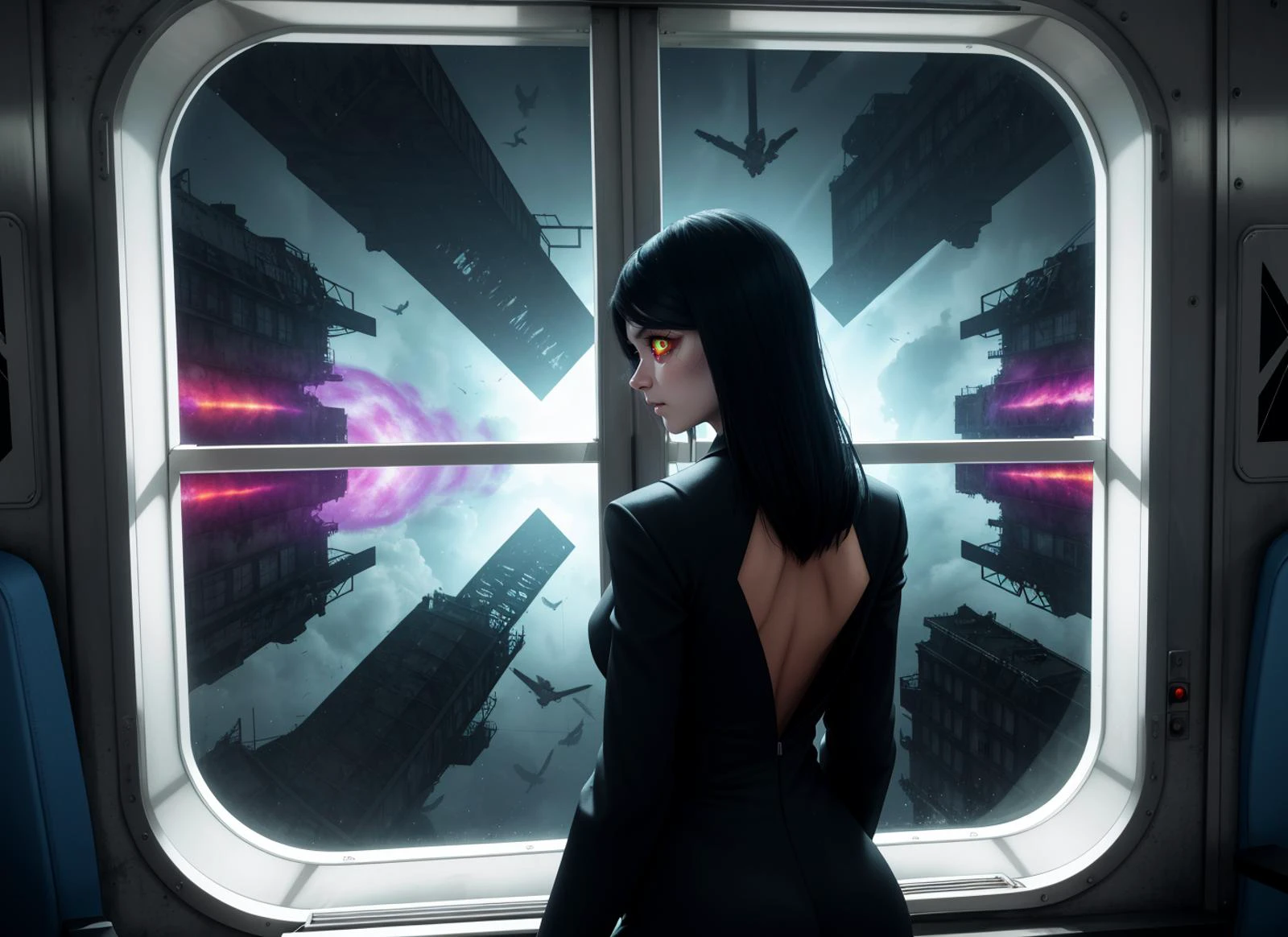 three cornered window, back of head shot of (woman looking out of triangle window:1.1), 3rd person, Looking out the triangular window of a (train:1.1) with triangular windows, triangular windows and triangular, wheels, in a fantasy world,
psychedelic, geometric, vivid light, high contrast, triadic colors, dark shadows, explosions, nuclear mushroom cloud, nuclear explosion, dystopian nightmare,
(beautiful composition),
21 yo woman,