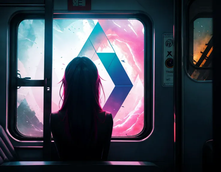 three cornered window, back of head shot of (woman looking out of triangle window:1.1), 3rd person, Looking out the triangular window of a (train:1.1) with triangular windows, triangular windows and triangular, wheels,  in a fantasy world, 
psychedelic, geometric, vivid light, high contrast, triadic colors, dark shadows,  explosions, nuclear mushroom cloud, nuclear explosion, dystopian nightmare, 
(beautiful composition),
21 yo woman,