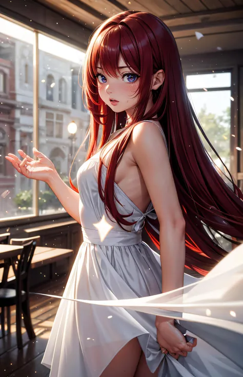 1girl, posing for the camera, embarrased, portrait, cute, long hair, red hair, small breasts, white dress, indoors, back light, by a professional photographer, butteflies, particles, magic in the air, wind, aura, (masterpiece, best quality, hires, high quality, by professional artist, ultra detailed, extremely detailed, absurdres, incredibly resolution:1.2)