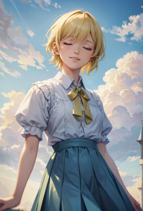 1girl, really happy, on the sky, (clouds), (from below, low angle), dreamy composition, pastel colors, saturated, short hair, light yellow hair, closed eyes, skirt, (castle on the background:0.4), (masterpiece, best quality, hires, high quality, by professional artist, ultra detailed, extremely detailed, absurdres, incredibly resolution:1.2)