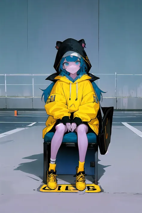 Wasabi, top-down bottom-up,,1girl, solo, hood, sign, sitting, flat color, shoes, bag, hood up, long sleeves, blue hair, blue eyes, hoodie, english text, long hair, bangs, looking at viewer, holding, limited palette, yellow footwear, book, road sign, covered mouth<lora:Wasabi-locon-000014:1>