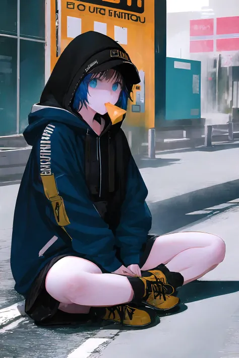 Wasabi, crossed legs,,1girl, solo, hood, sign, sitting, flat color, shoes, bag, hood up, long sleeves, blue hair, blue eyes, hoodie, english text, long hair, bangs, looking at viewer, holding, limited palette, yellow footwear, book, road sign, covered mouth<lora:Wasabi-locon-000014:1>