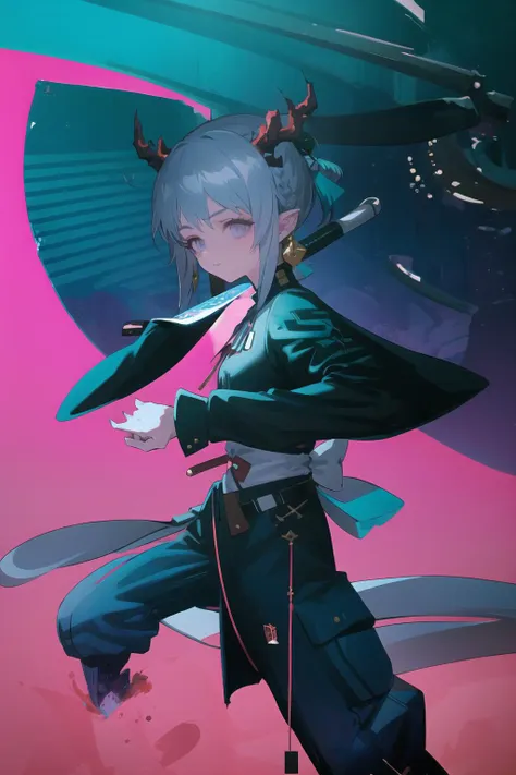 Wasabi,nian, 1girl, solo,solo, sword, weapon, short hair, katana, long sleeves, blue hair, holding, hand fan, limited palette, mask, 1boy, pants, pink background, english text, umbrella, male focus, wide sleeves, flat color, 1girl,<lora:Wasabi-locon-000012:1>  <lora:nian:1>