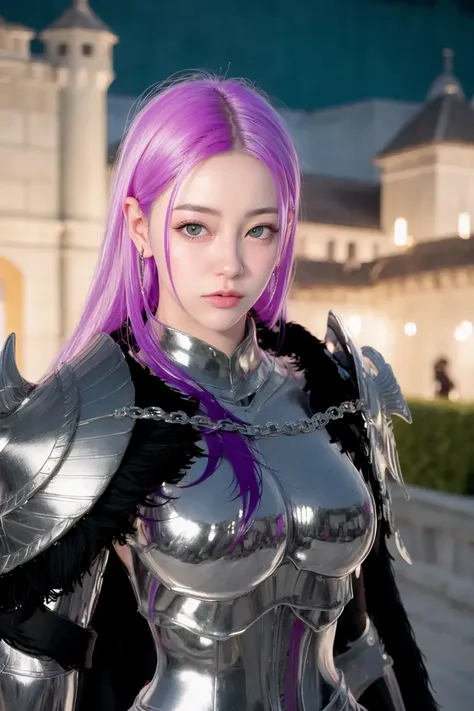 ,ulzzang-6500-v1.1, <lora:InquisitorClaireV2:0.65>, InquisitorClaire, InquisitorClaire\(full armor\), 8k, (masterpiece), (best quality), ultra high res, extreme_detail, (photorealistic:1.4), realistic, 1 girl, solo, lips, braid, purple hair, earrings, jewelry, blue eyes, armor, shoulder armor, large shoulder armor, body armor, black cape, looking at viewer, upper body, ((night)), ((castle background)), depth of field,