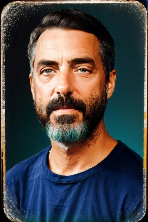 a man <lora:TitusWelliver_EpicPhotoGasmX-000010:1>, Century Camera, ((tintype, portrait, full color, bold color, technicolor gradient)), shirt, ((geometric halftone background))