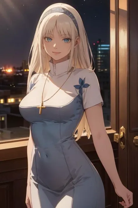 (masterpiece:1.4, best quality), (intricate details), beautiful and aesthetic, perfect lighting, hotel, night, indoors,
(1lady:1.2), solo, (slender), narrow waist, looking at viewer, (smile),
<lora:BeastTamer_Mina_by_minion:0.8:lbw=PERSON105>
mina, blue dress, white dress, habit, cross necklace,
dynamic pose, dynamic angle, lipstick, slim, slim body,
detailed background,