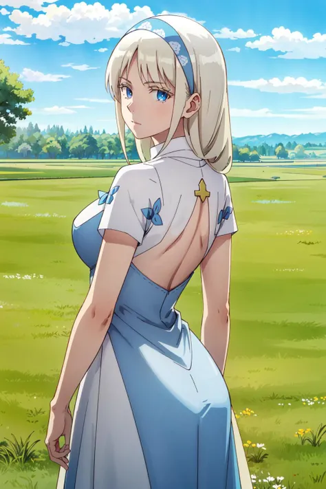 white background:2, <lora:BeastTamer_Mina_by_minion-10:0.7>, mina, blue dress, white dress, maxi dress, cross necklace, cowboy shot, standing, hip tilt and arched back, flirtatious, blue sky, grassy field, looking at viewer, 1girl, solo, high contrast, sharp focus, masterpiece, best quality, highly detailed, HDR, highest quality, highres, sharp focus, 8k, 16k, skin pores, dynamic lights, realistic shadows, best shading, award winning masterpiece