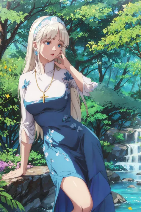 <lora:BeastTamer_Mina_by_minion-20:0.7> mina, blue dress, lush mystical forest with towering trees, vibrant flowers, sparkling stream, dynamic pose, by artgerm, cinematic 4k wallpaper,ultra detailed, high resolution, artstation, award winning, 1girl, solo