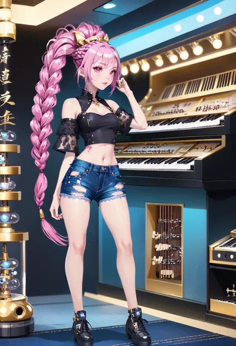 alt sweet girl, 1girl, cute, full body, [:formal costume design,:0.2], official art, japanese, punk hair, pink hair, antenna hair, soft red lighting , torn denim shorts, in wistful, urban Moscow, bombshell hair, gold hair, Lace Braid, twisted torso BREAK futuristic musical instrument shop in a Kowloon, epic scenery BREAK detailed hands, hand model