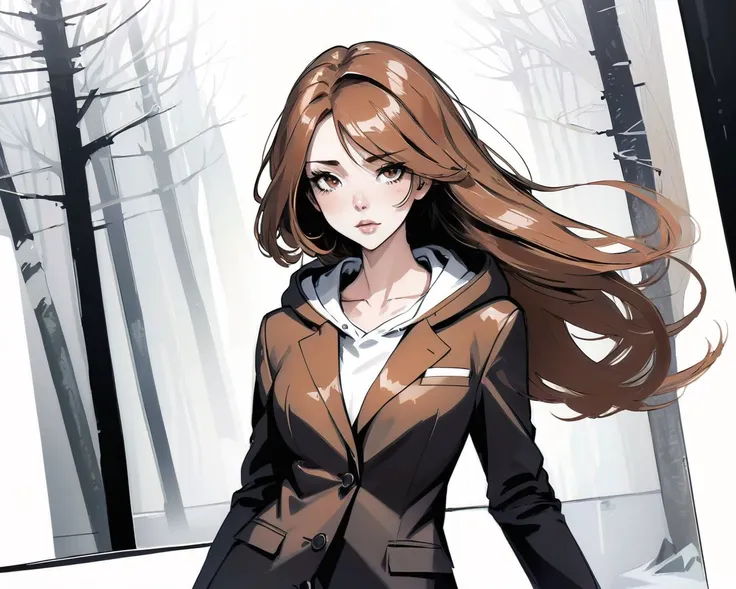 ((wearing a Blazer over a hoodie)), art by Agnes Cecile,detailed hair,windblown hair,brown hair, (Art by Rudolf von Alt)