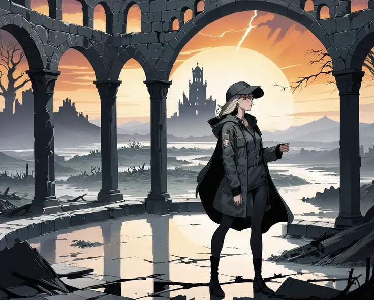 ((wearing a Blazer over a hoodie)), (wearing a parka,wearing a crop top),Amid the ruins of a once-majestic fortress, a soldier pauses, her silhouette ghostly against the backdrop of shifting terrains that oscillate between detailed battle maps and molten landscapes, Tornado, Barren trees, Menacing, Radial balance, Sunrise, Water, Ellipse, ultra detailed, intricate,,Background is stunning 17th century european village scenery, detailed and intricate environment, oil painting, palette knife soft brushstrokes, heavy strokes, dripping paint, art station on trend, sharp focus, intricate details, highly detailed, (rococo art)