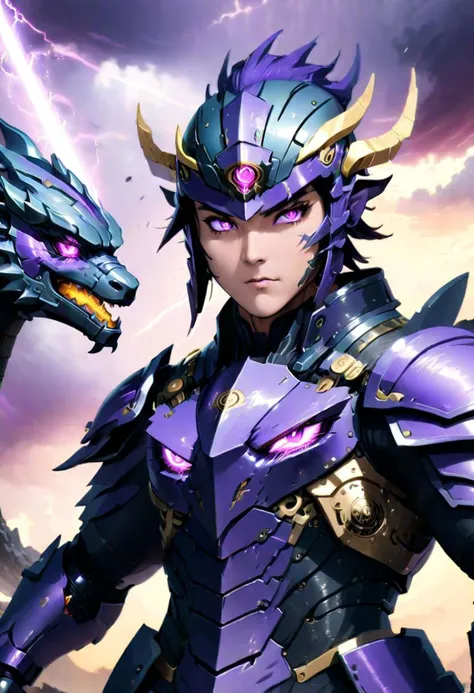 (Masterpiece:1.9), ninja, thunder dragon cyper robot, ultra high res, best quality, in the middle of battle background, fantasy world style, violet eyes, Thunder god, face focus