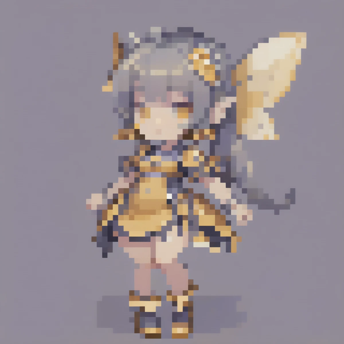 PixArFK, character sprite, pixel art, 16-bit jrpg asset, (chibi:0.65) 1girl, full body, creative costume design, fairy, dark goldenrod hair, grey background<lora:EnvyThiccXL02:1><lora:PixelArtRedmond-Lite64:1><lora:EnvyCuteXL06:1>