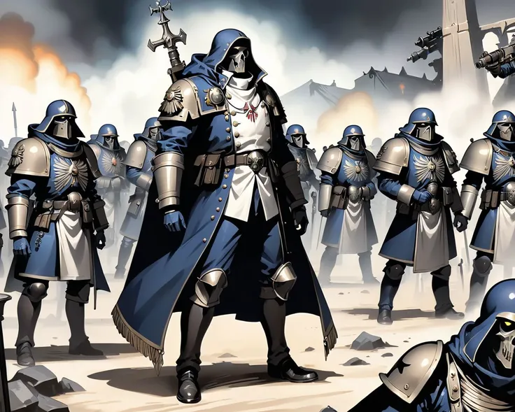 ((wearing a Blazer over a hoodie)), leading a horde army, thousands of warriors, futuristic attire, future soldier, in wh40k, Warhammer 40,000, death korps of krieg, dkok, astra militarum, space marines, epic battle, only war, wearing huge pauldrons, WWI, trenches, dirt, battle,leading a horde army, thousands of warriors,Amid the ruins of a once-majestic fortress, a soldier pauses, her silhouette ghostly against the backdrop of shifting terrains that oscillate between detailed battle maps and molten landscapes, Tornado, Barren trees, Menacing, Radial balance, Sunrise, Water, Ellipse, ultra detailed, intricate,, (les nabis art)