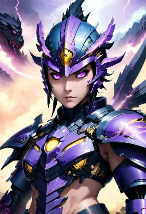 (Masterpiece:1.9), ninja, thunder dragon cyper robot, ultra high res, best quality, in the middle of battle background, fantasy world style, violet eyes, Thunder god, face focus