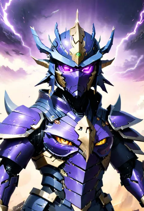 (Masterpiece:1.9), ninja, thunder dragon cyper robot, ultra high res, best quality, in the middle of battle background, fantasy world style, violet eyes, Thunder god, face focus