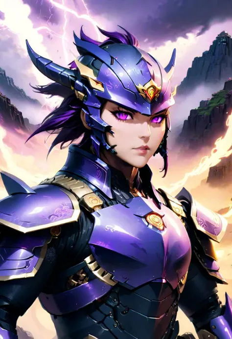 (Masterpiece:1.9), ninja, thunder dragon cyper robot, ultra high res, best quality, in the middle of battle background, fantasy world style, violet eyes, Thunder god, face focus