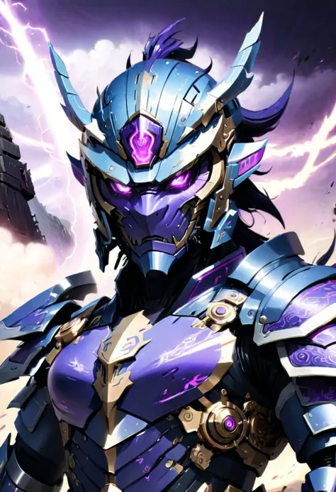 (Masterpiece:1.9), ninja, thunder dragon cyper robot, ultra high res, best quality, in the middle of battle background, fantasy world style, violet eyes, Thunder god, face focus