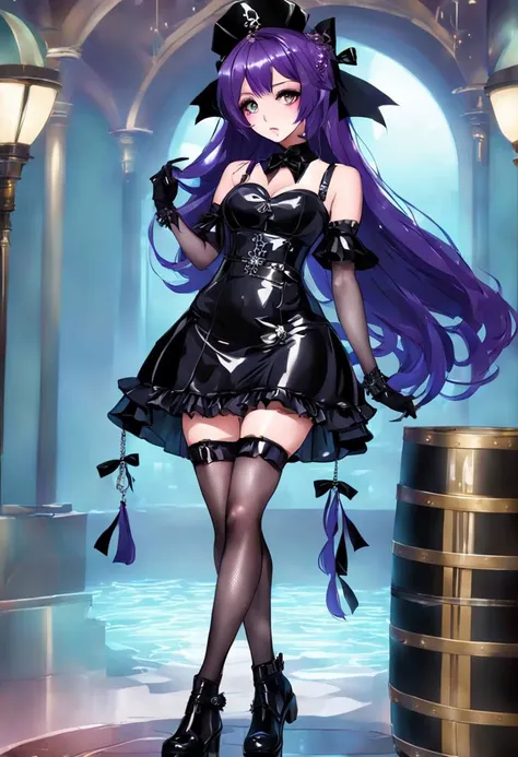 (gothic, gothic tafashion, dark persona:1), (corrupted dark magical girl, long hair:1.2), (gothic frilly lolishion dress:1.2), (latex gloves, multilayered dress:1), (shiny glossy translucent clothing, gleaming oily latex fabric:1.1), backlight, (gothiclolita boots, shoes focus, fishnet stockings, garterbelt:1.2), (many frills, big bow, lace:1.3), (glossy lips, eyeshadow, mascara, dark makeup:1.2), (sitting on latex sofa:1.3),
