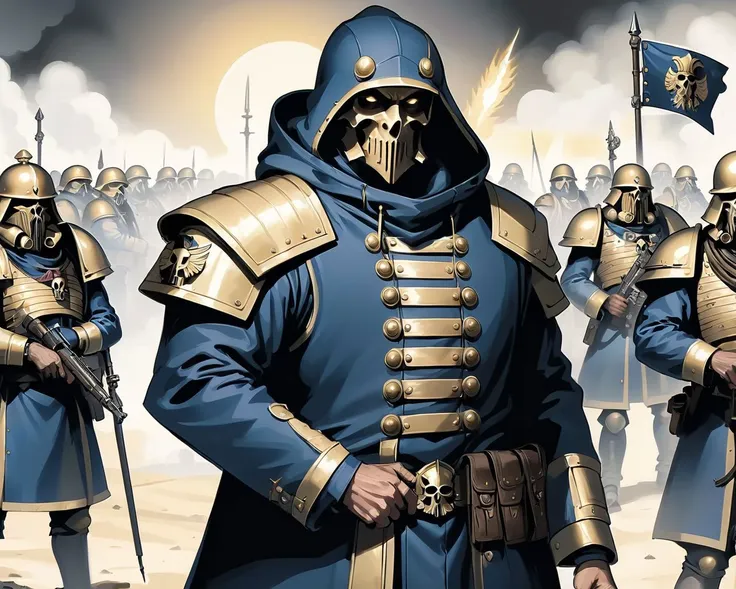 ((wearing a Blazer over a hoodie)), leading a horde army, thousands of warriors, futuristic attire, future soldier, in wh40k, Warhammer 40,000, death korps of krieg, dkok, astra militarum, space marines, epic battle, only war, wearing huge pauldrons, WWI, trenches, dirt, battle,Amid the ruins of a once-majestic fortress, a soldier pauses, her silhouette ghostly against the backdrop of shifting terrains that oscillate between detailed battle maps and molten landscapes, Tornado, Barren trees, Menacing, Radial balance, Sunrise, Water, Ellipse, ultra detailed, intricate,, (Art by Richard Doyle)