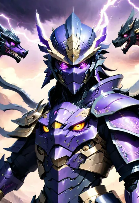(Masterpiece:1.9), ninja, thunder dragon cyper robot, ultra high res, best quality, in the middle of battle background, fantasy world style, violet eyes, Thunder god, face focus