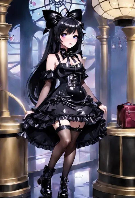 (gothic, gothic lolitafashion, dark persona:1), (corrupted dark magical girl, long hair:1.2), (gothic frilly lolitafashion dress:1.2), (latex gloves, multilayered dress:1), (shiny glossy translucent clothing, gleaming oily latex fabric:1.1), backlight, (gothiclolita boots, shoes focus, fishnet stockings, garterbelt:1.2), (many frills, big bow, lace:1.3), (glossy lips, eyeshadow, mascara, dark makeup:1.2), (sitting on latex sofa:1.3),