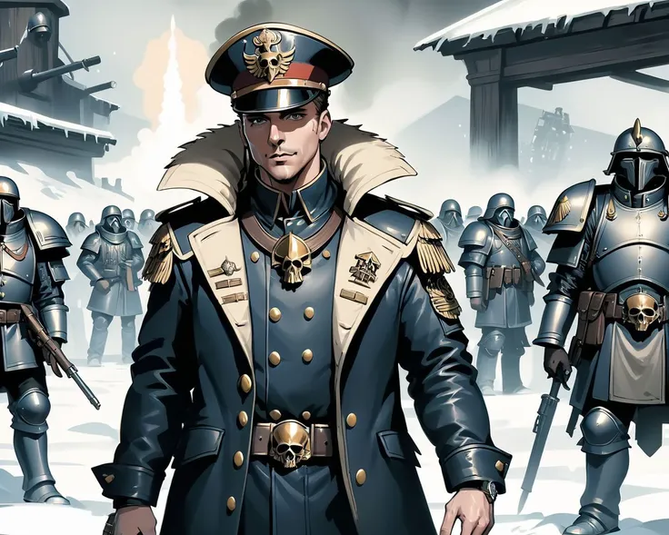 ((wearing a Blazer over a hoodie)), (leather armor,wearing a military uniform with a collar, military cap,wearing a parka),leading a horde army, thousands of warriors, futuristic attire, future soldier, in wh40k, Warhammer 40,000, death korps of krieg, dkok, astra militarum, space marines, epic battle, only war, wearing huge pauldrons, WWI, trenches, dirt, battle,art by enki bilal, art by philippe druillet, art by moebius, inspired by french comics art, (a diagram art)