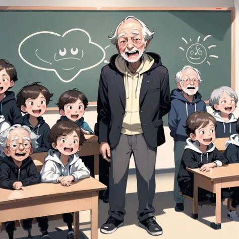 A sad man, an old man wearing a Blazer over a hoodie, dogma 1999, a sad man, laughing kids, young kids making fun of someone, inside a lecture hall, standing in front of a chalk board