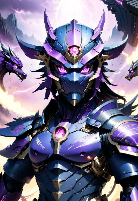 (Masterpiece:1.9), ninja, thunder dragon cyper robot, ultra high res, best quality, in the middle of battle background, fantasy world style, violet eyes, Thunder god, face focus