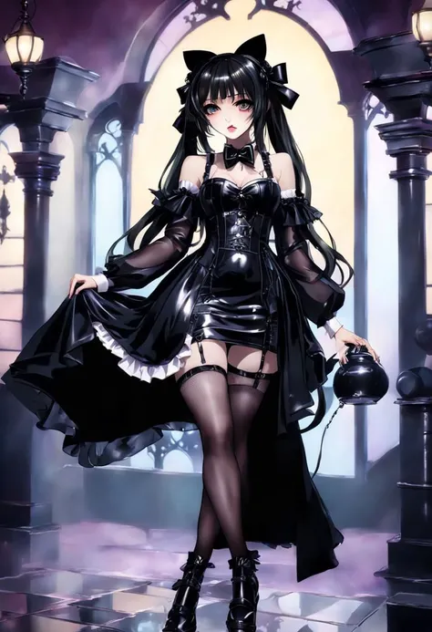 (gothic, gothic ****tafashion, dark persona:1), (corrupted dark magical girl, long hair:1.2), (gothic frilly ****tafashion dress:1.2), (latex gloves, multilayered dress:1), (shiny glossy translucent clothing, gleaming oily latex fabric:1.1), backlight, (gothic****ta boots, shoes focus, fishnet stockings, garterbelt:1.2), (many frills, big bow, lace:1.3), (glossy lips, eyeshadow, mascara, dark makeup:1.2), (sitting on latex sofa:1.3),