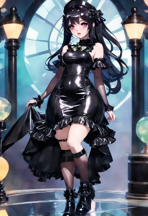 (gothic, gothic ****tafashion, dark persona:1), (corrupted dark magical girl, long hair:1.2), (gothic frilly ****tafashion dress:1.2), (latex gloves, multilayered dress:1), (shiny glossy translucent clothing, gleaming oily latex fabric:1.1), backlight, (gothic****ta boots, shoes focus, fishnet stockings, garterbelt:1.2), (many frills, big bow, lace:1.3), (glossy lips, eyeshadow, mascara, dark makeup:1.2), (sitting on latex sofa:1.3),