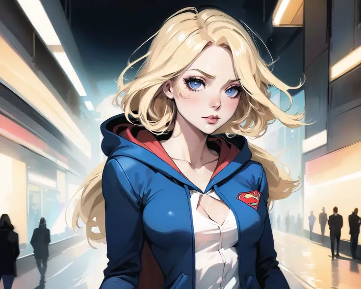 ((wearing a Blazer over a hoodie)), Pastels, Chiaroscuro,Power girl, supergirl, blonde,art by Agnes Cecile, (a screenshot art)