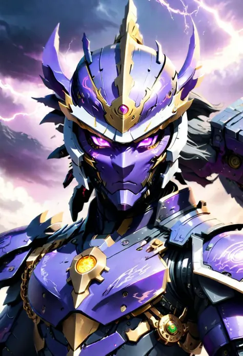 (Masterpiece:1.9), ninja, thunder dragon cyper robot, ultra high res, best quality, in the middle of battle background, fantasy world style, violet eyes, Thunder god, face focus