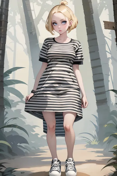 masterpiece, best quality, 1girl,  <lora:kwFemaleBeta42_SDXL_v1:1>, 
Concept art, (a crowd of busty young blonde woman:1.1) , wearing Striped dress and sneakers, The Striped dress and sneakers rolled up sleeves, Caramel hair styled as Buzz cut with a fade, jungle in background, Pastel Goth Art, stylized by Tran Nguyen, Raphael Soyer and László Moholy-Nagy