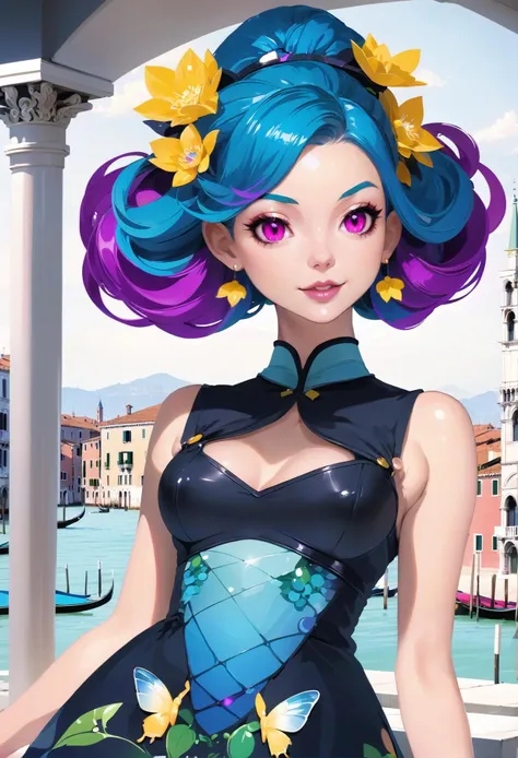 magenta skin, Buttercup faerie, see-through gossamer, nosebleed, in mid-century Venice, bombshell hair, glowing blue hair, Chignon,bombshell hime cut, arm behind head BREAK Traumacore Solar Panel Fields, epic scenery BREAK detailed hands, hand model