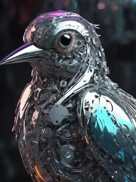 a close up of a bird, mechanical bird, 8K artstation trending, (opalescent irradiance:1.25) and colorful energy, vibrant, highly detailed, <lora:treebark-SDXL-s-exp:0.8> treebark, lichen, texture