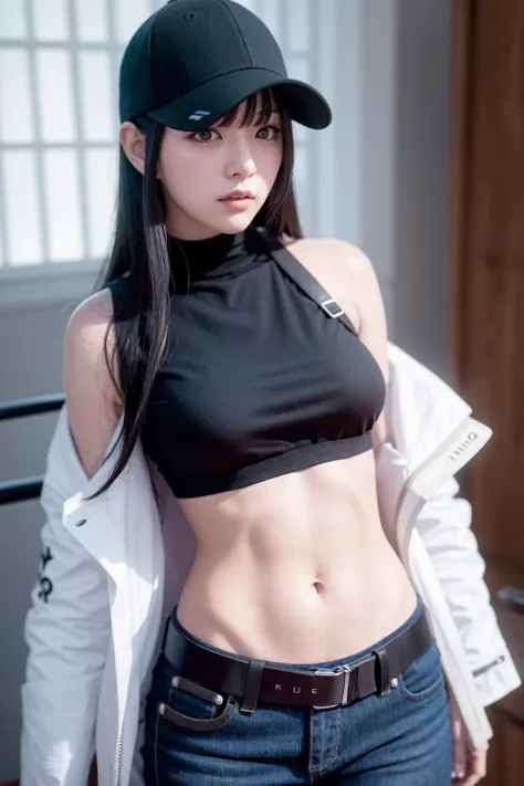 best quality, ultra high res, (photorealistic:1.4), (ulzzang-6500:0.4), 1girl, saori \(blue archive\), long hair, black hair, blue hair, multicolored hair, blue eyes, hat, crop top, pants, white coat, tears, three sided view, prison <lora:brj-saori-V1:1>
