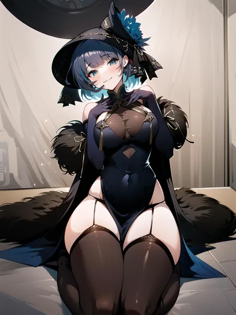 best quality, masterpiece,1girl,cheshirecaitsit, breasts, china dress, hand on breasts, pelvic curtain, feather coat, garter straps, wariza, pov, full body