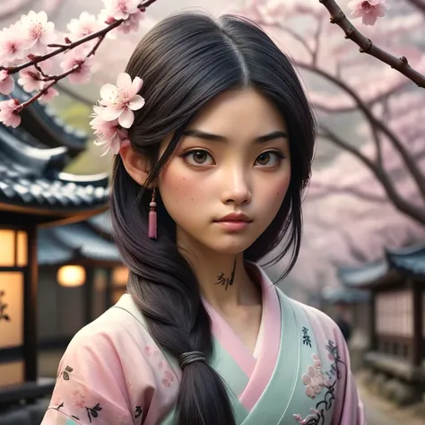 masterpiece, photorealistic, sharp, 1 cute japanese girl, delicate skin texture, natural skin grain,fair skin, very long dark hair, traditionnal tattoos, colorful, hanami, dawn, eerie icing mist