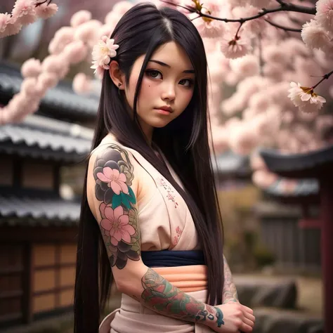 masterpiece, 1 cute shy girl, japanese, delicate skin texture, natural skin grain,fair skin, very long dark hair, traditionnal tattoos, fullbody shot, colorful, hanami,