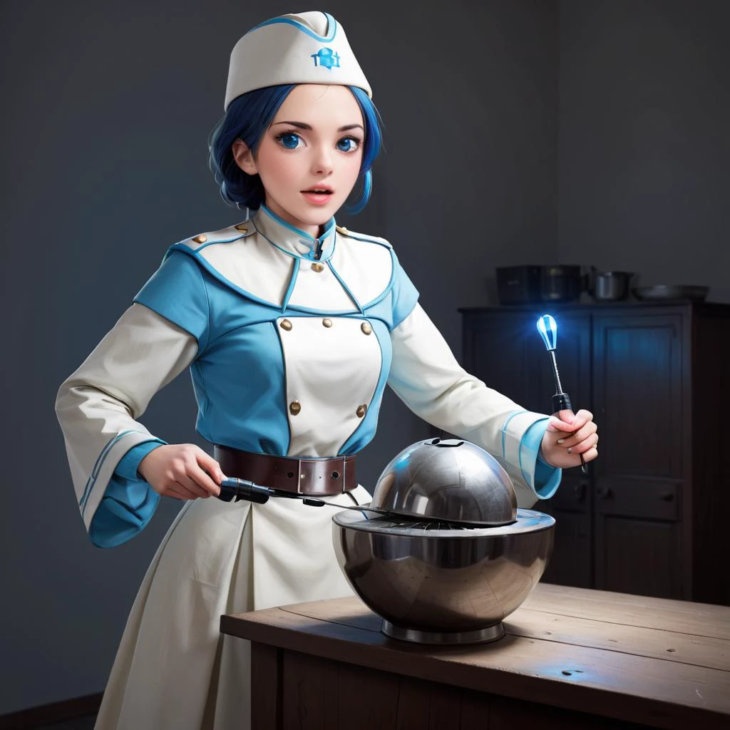 (dmcr, 1girl, original), glowing, emphasis lines, surprised, flying sweatdrops, open mouth, mika \(blue archive\), white capelet
(dmcr),screwdriver,
<lora:SDXL demon_core_xl_v2 CF dmcr;screwdriver:1.1>,
<lora:SDXL 50Soviet Military uniform-000003:0.8>