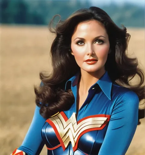 âWonder Womanâ Star is young Lynda Carter, photo, 8k, hair black, costume hero, shirt blue, 1972s,
