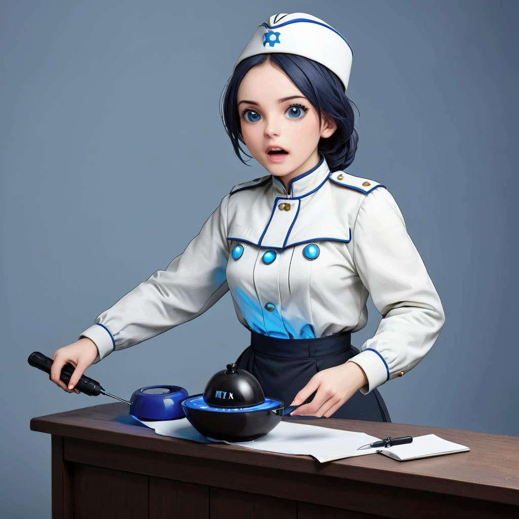 (dmcr, 1girl, original), glowing, emphasis lines, surprised, flying sweatdrops, open mouth, mika \(blue archive\), white capelet
(dmcr),screwdriver,
<lora:SDXL demon_core_xl_v2 CF dmcr;screwdriver:1.1>,
<lora:SDXL 50Soviet Military uniform-000003:0.8>