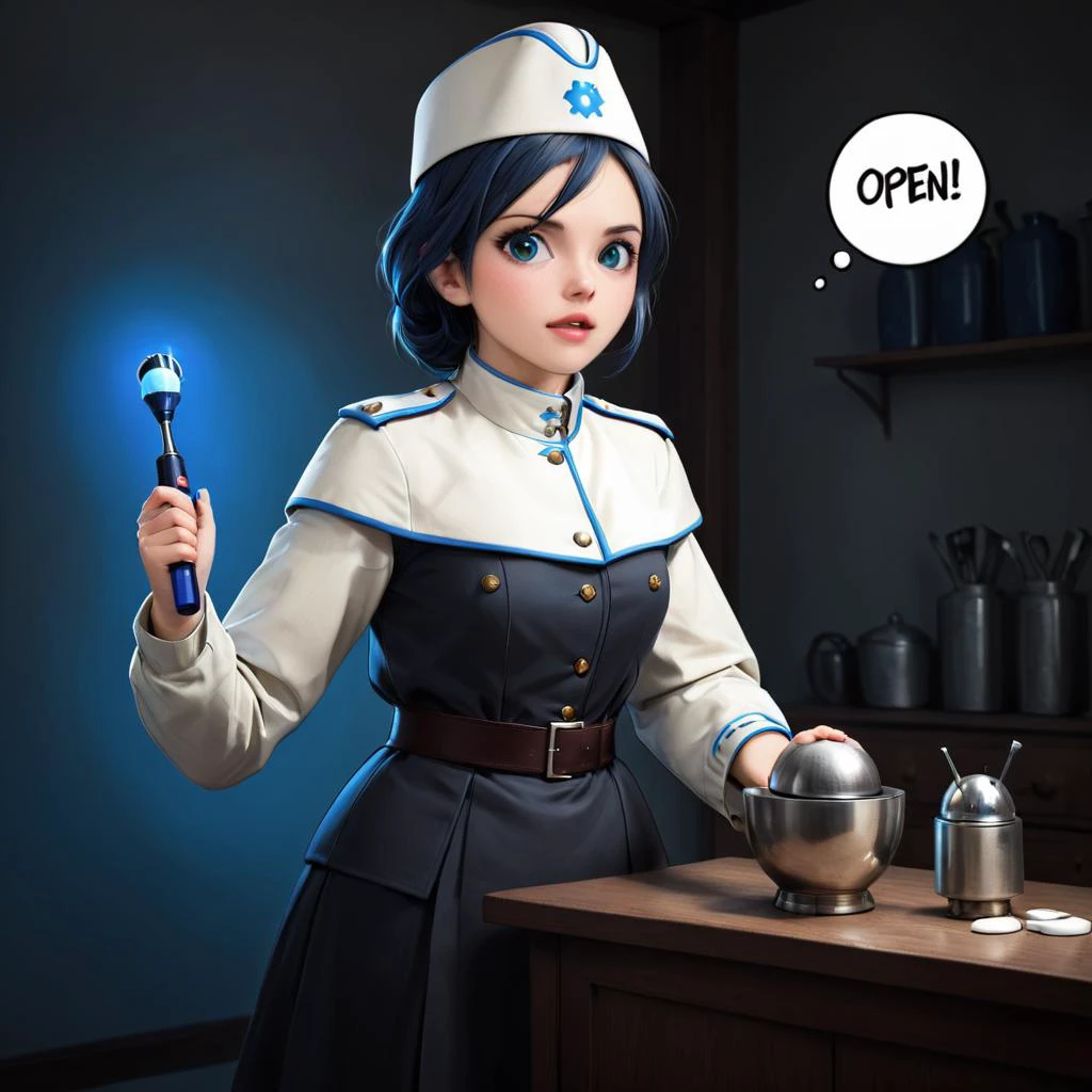 (dmcr, 1girl, original), glowing, emphasis lines, surprised, flying sweatdrops, open mouth, mika \(blue archive\), white capelet
(dmcr),screwdriver,
<lora:SDXL demon_core_xl_v2 CF dmcr;screwdriver:1.1>,
<lora:SDXL 50Soviet Military uniform-000003:0.8>