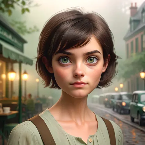 masterpiece, photorealistic, sharp, 1 cute english girl, delicate skin texture, natural skin grain,fair skin, light dark green eyes, espresso brown short hair, looking at camera, colorful, dawn, eerie mist