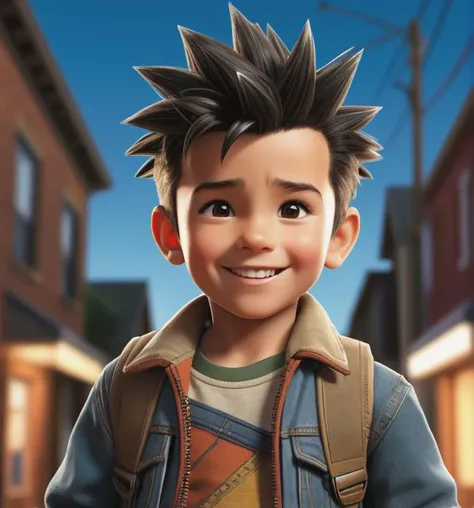 photorealistic movie, Comic style, line art style,best quality, masterpiece, high res, detailed, gotenv2, 1boy, male focus, solo, spiked hair, black hair, dougie, black eyes, male , full body, photo, smiling,happy, solo male child