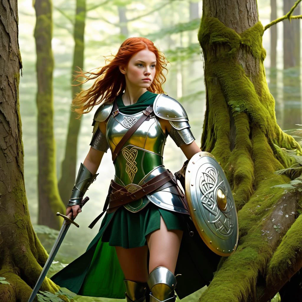 a steely-eyed Celtic warrior woman, armed with a steel sword and shield and wearing Celtic-style armour, readies herself for battle,
1girl, solo, celtics, a forest treehouse in a rainbow, moss, Englander style,
full body, masterpiece, best quality, super detailed, extremely delicate and beautiful, (((sharpening))):1.6, refined girl, dynamic pose,